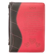 Bible Cover Women Love 1 Corinthians 13:4-8, Pink Leather, Medium