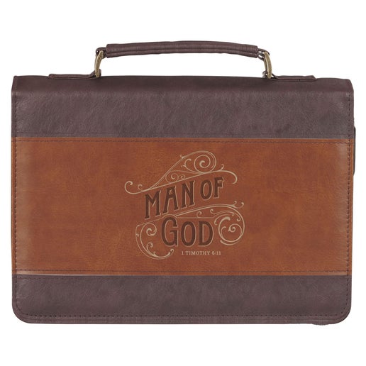 XL Vegan Leather Bible Cover for Men: Man of God, Pockets, Brown & Gold